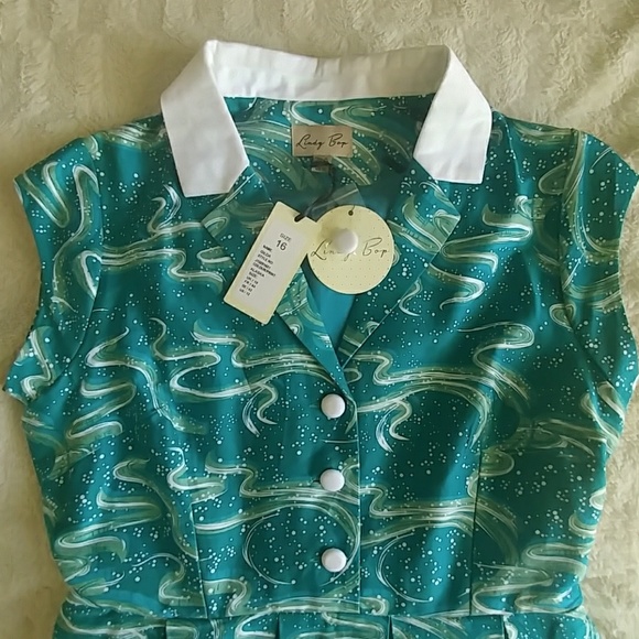 Lindy Bop Teal and White Midi Dress - Picture 3 of 8